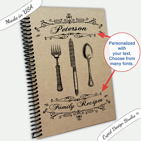 Farmhouse personalized Family Recipe book, Rustic kraft cover cookbook,  5.5x8.5 size.