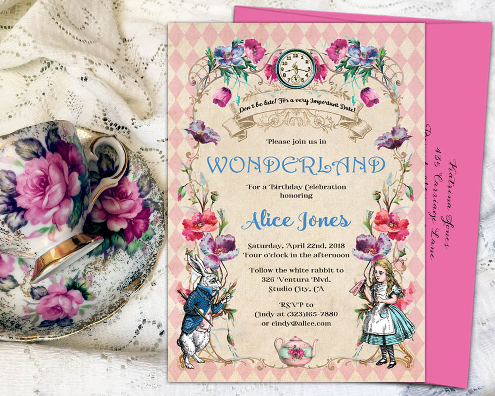 Elegant Alice in Wonderland invitations - 5x7 personalized printed or  printable.