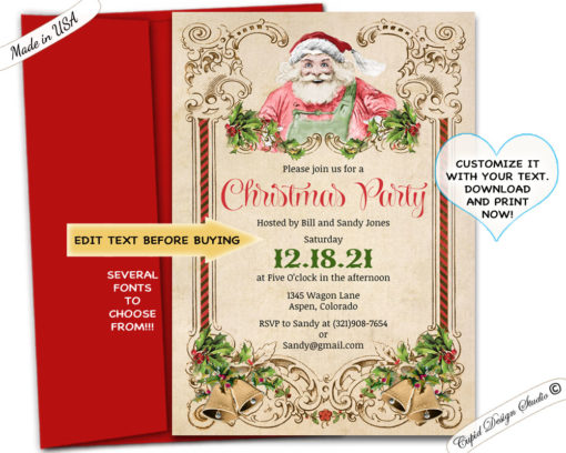 Vintage Christmas holiday invitation, Retro Santa party invite, digital ...